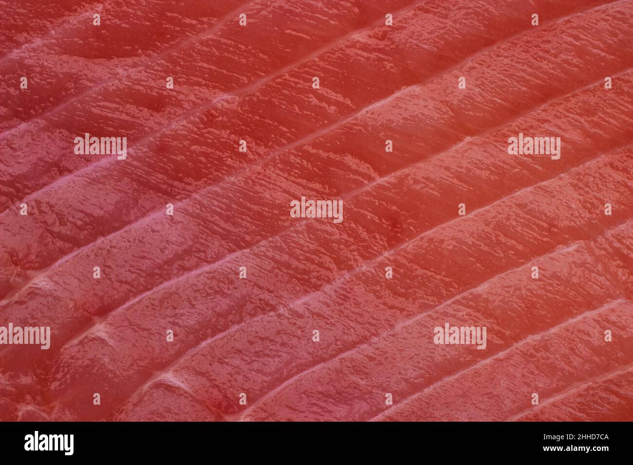 Textur des rohen roten Fischfilets aus der Nähe. Makrohintergrund Stockfoto