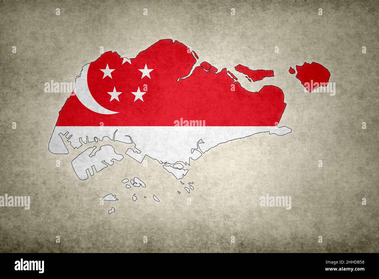 Grunge-Karte von Singapur mit der Flagge, die innerhalb der Grenze auf einem alten Papier gedruckt ist. Stockfoto