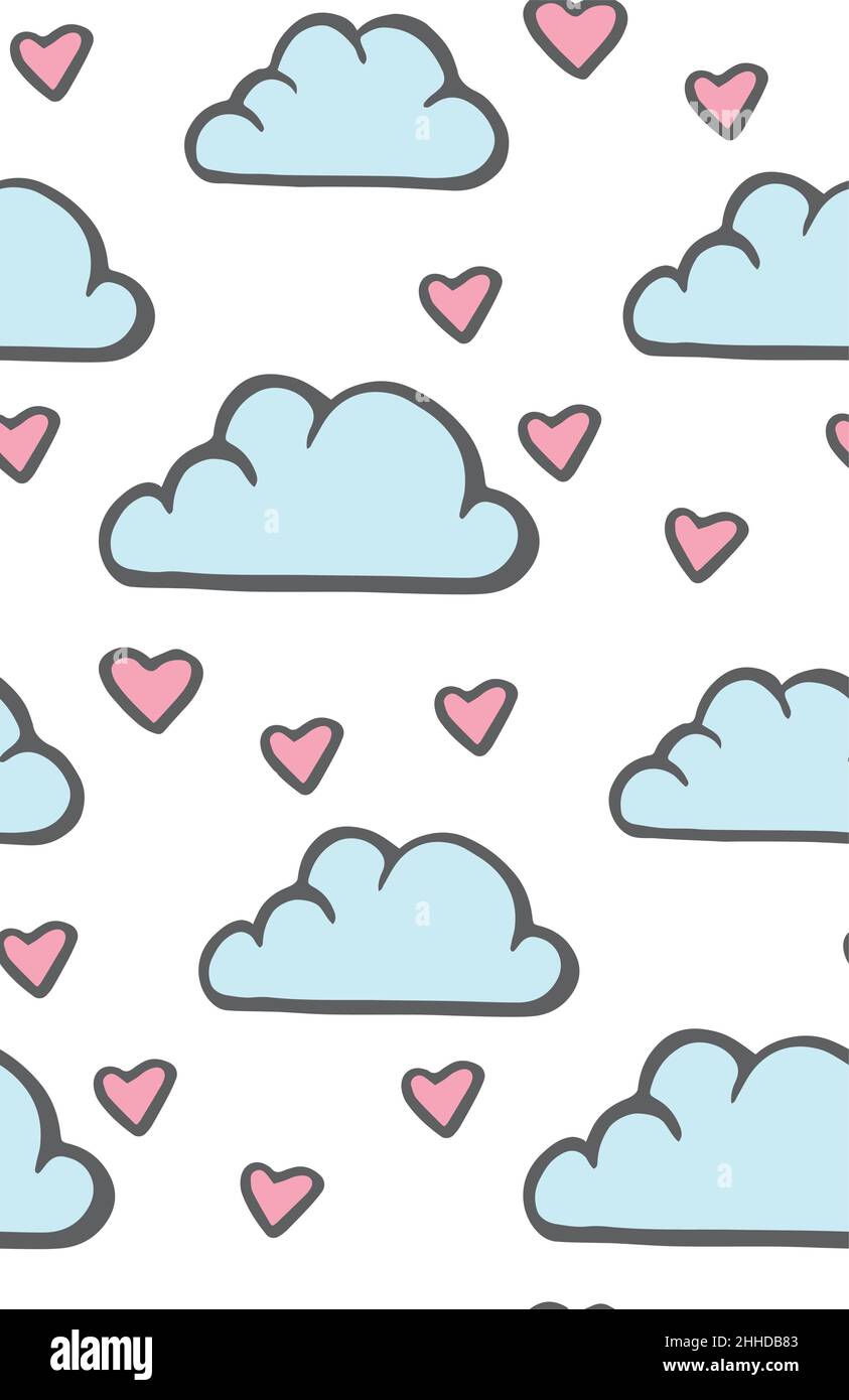 Einfaches nahtloses Muster mit Wolken und Herzen. Vektorgrafik. Nettes Baby Hintergrund für Textil. Liebe. Alles Liebe Zum Valentinstag Stock Vektor