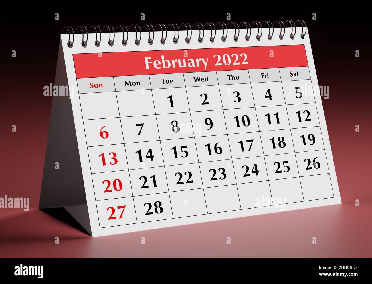 Eine Seite des monatlichen Jahreskalenders. Datum - Monat Februar 2022. 3D Rendern Stockfoto