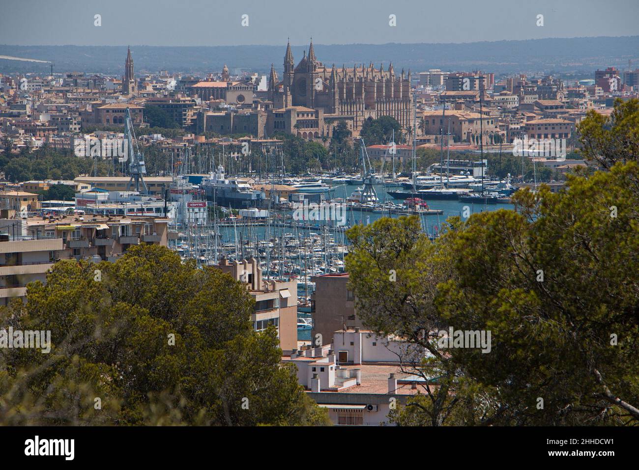 Blick auf den Hafen von Palma de Mallorca vom Castell de Bellver in Palma de Mallorca auf Mallorca Stockfoto