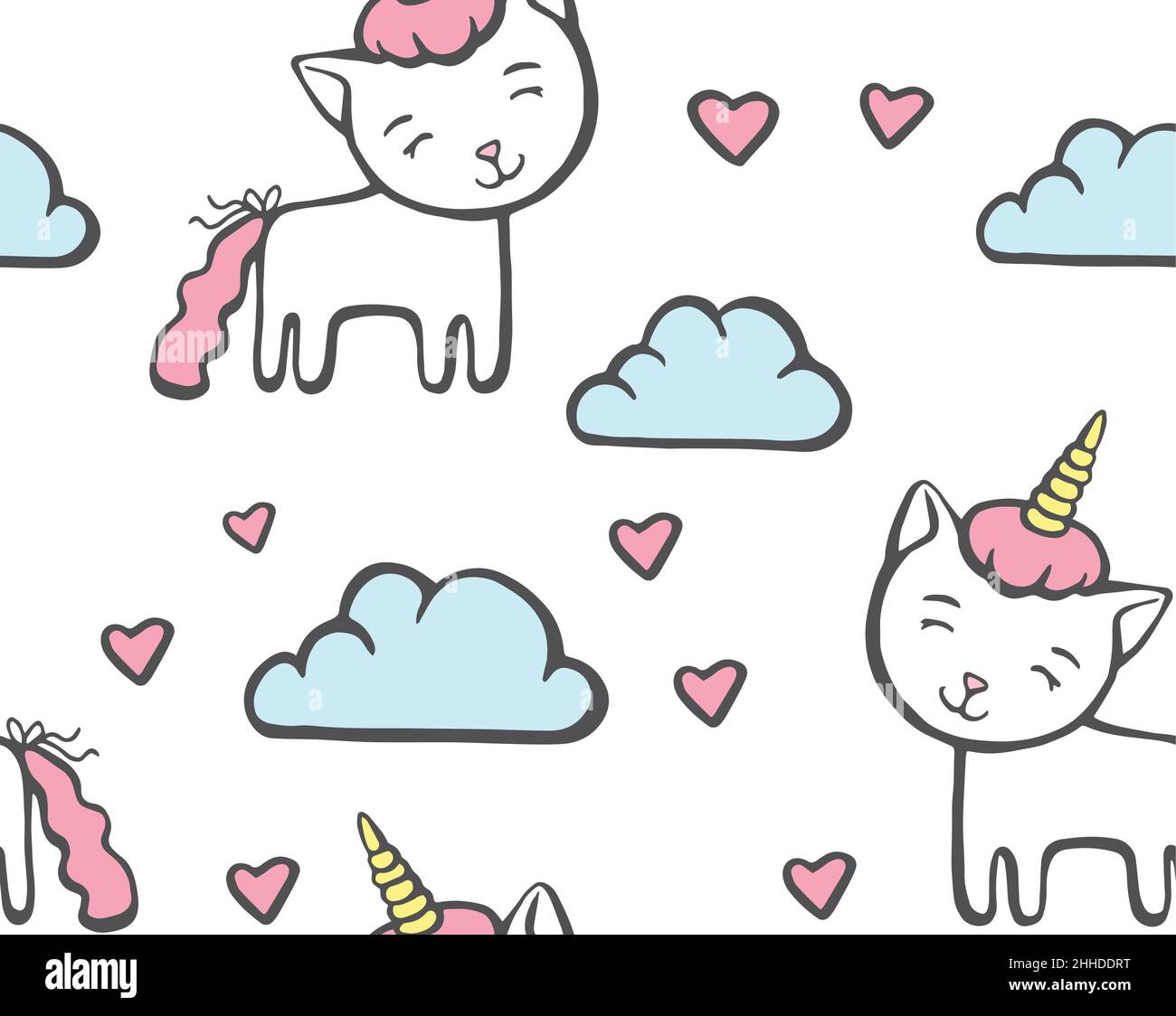 Niedliches Muster mit Linie Katze Einhorn mit Horn auf Himmel Hintergrund mit Wolke und Herzen. Handgezeichnete Vektorgrafik für Textilien oder Tapeten. Stock Vektor