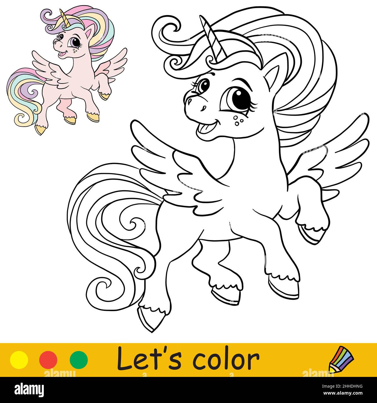 Niedliche fliegende Einhorn Prinzessin. Malbuch Seite mit Farbvorlage. Vektorgrafik Cartoon-Illustration. Für Kinder Färbung, Karte, drucken, Design, Dekor und p Stock Vektor