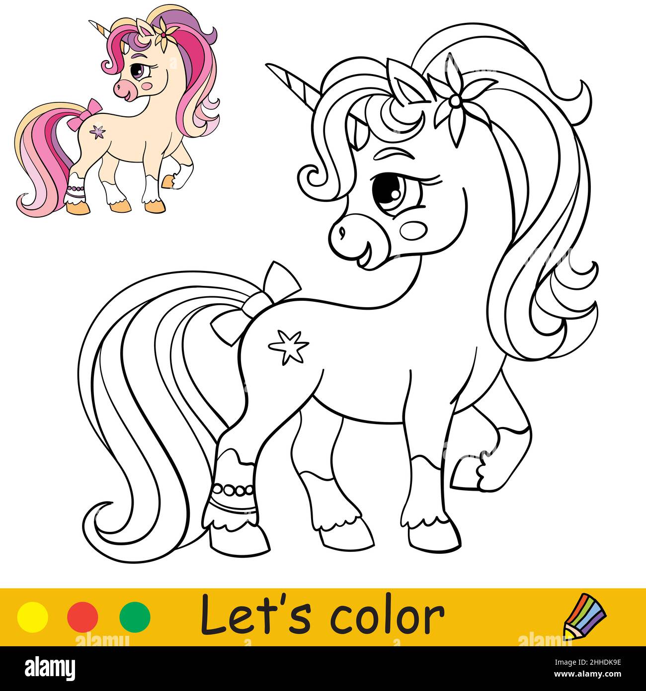 Niedliches lustiges rosafarbenes Einhorn. Malbuch Seite mit Farbvorlage. Vektorgrafik Cartoon-Illustration. Für Kinder Färbung, Karte, drucken, Design, Dekor und Puzzle Stock Vektor