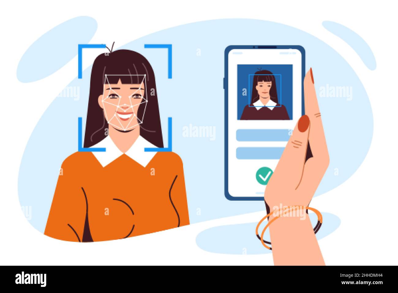 Gesichtserkennungstechnologie. Smartphone in der Hand der Frau mit Anwendung zur Identitätserkennung. Mobil mit Scanner-App für Scan Face ID. Biometrische Identifizierung und persönliches Verifikationskonzept. Stock Vektor