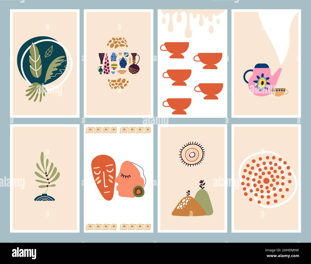 Primitive Wandposter. Boho-Karten mit abstrakten Elementen. Vasen mit Pflanzen, Tassen und tropfendem Mokko, Blättern und gepunkteter Sonne, Vektor Stock Vektor