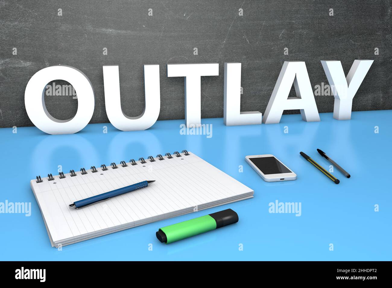 Outlay - Textkonzept mit Tafel, Notizbuch, Stiften und Mobiltelefon. 3D Darstellung rendern. Stockfoto