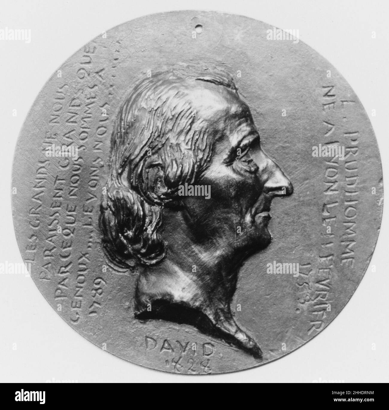Louis Prudhomme (1752–1830), französischer Journalist und Pamphleteer 1828 Pierre Jean David d'Angers Französisch Pierre-Jean David d’Angers war der produktivste und einer der bedeutendsten französischen Bildhauer der ersten Hälfte des 19. Jahrhunderts. Während seiner fast fünfzigjährigen Karriere (1819–1856) blieb David seiner Überzeugung treu, dass skulpturale Denkmäler, die den Leistungen großer Männer und Frauen gewidmet sind, die Größe eines Volkes am dauerhaftesten und lebhaftesten zum Ausdruck bringen. Er suchte ständig Aufträge für Denkmäler, die historische und zeitgenössische Figuren darstellen, die er bewunderte, um Stockfoto