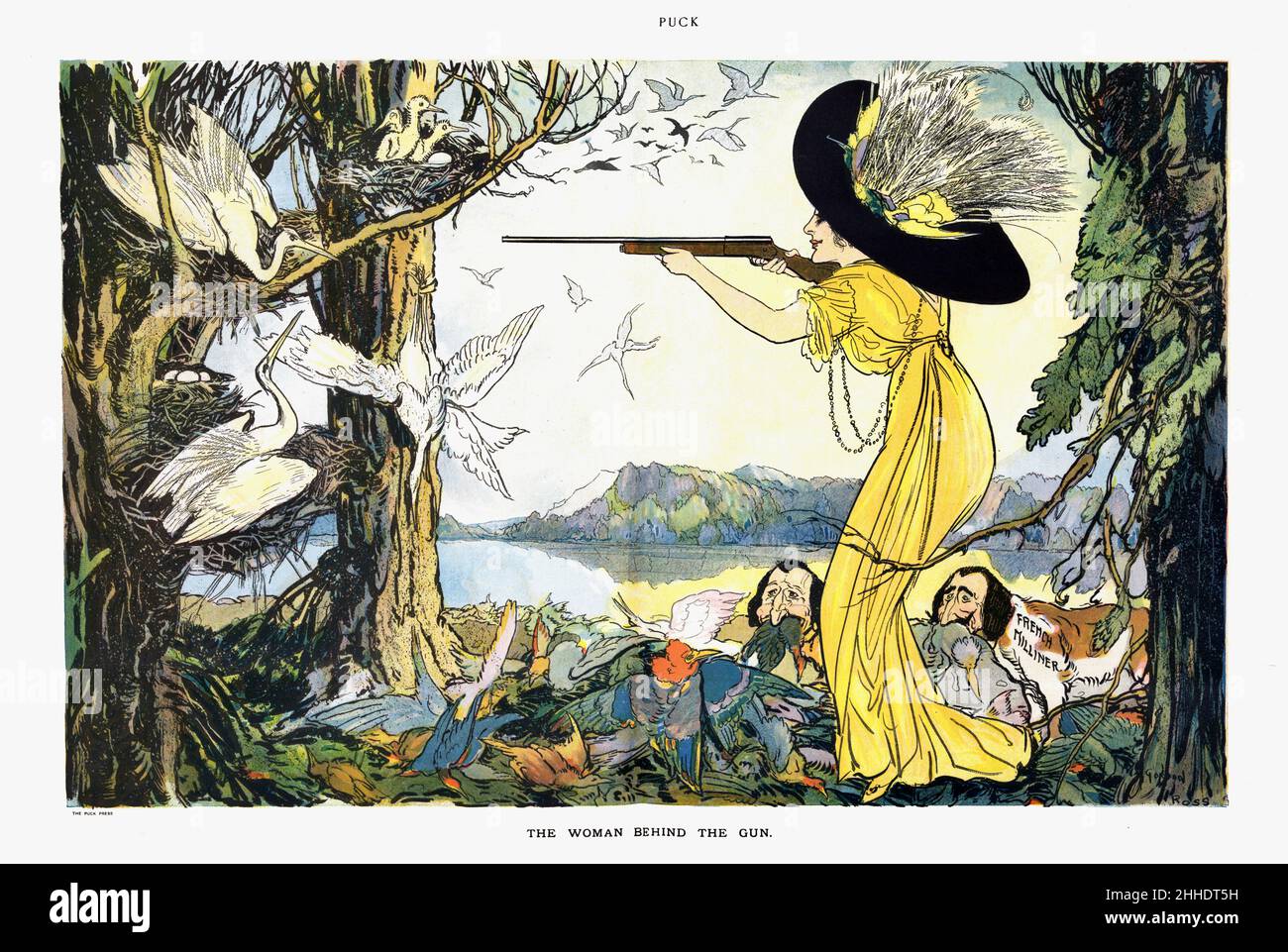Gordon Ross - die Frau hinter dem Gewehr - zeigt eine Frau, möglicherweise Coco Chanel, die einen großen Hut mit Federn trägt und auf große weiße Vögel schießt - 1911 Stockfoto