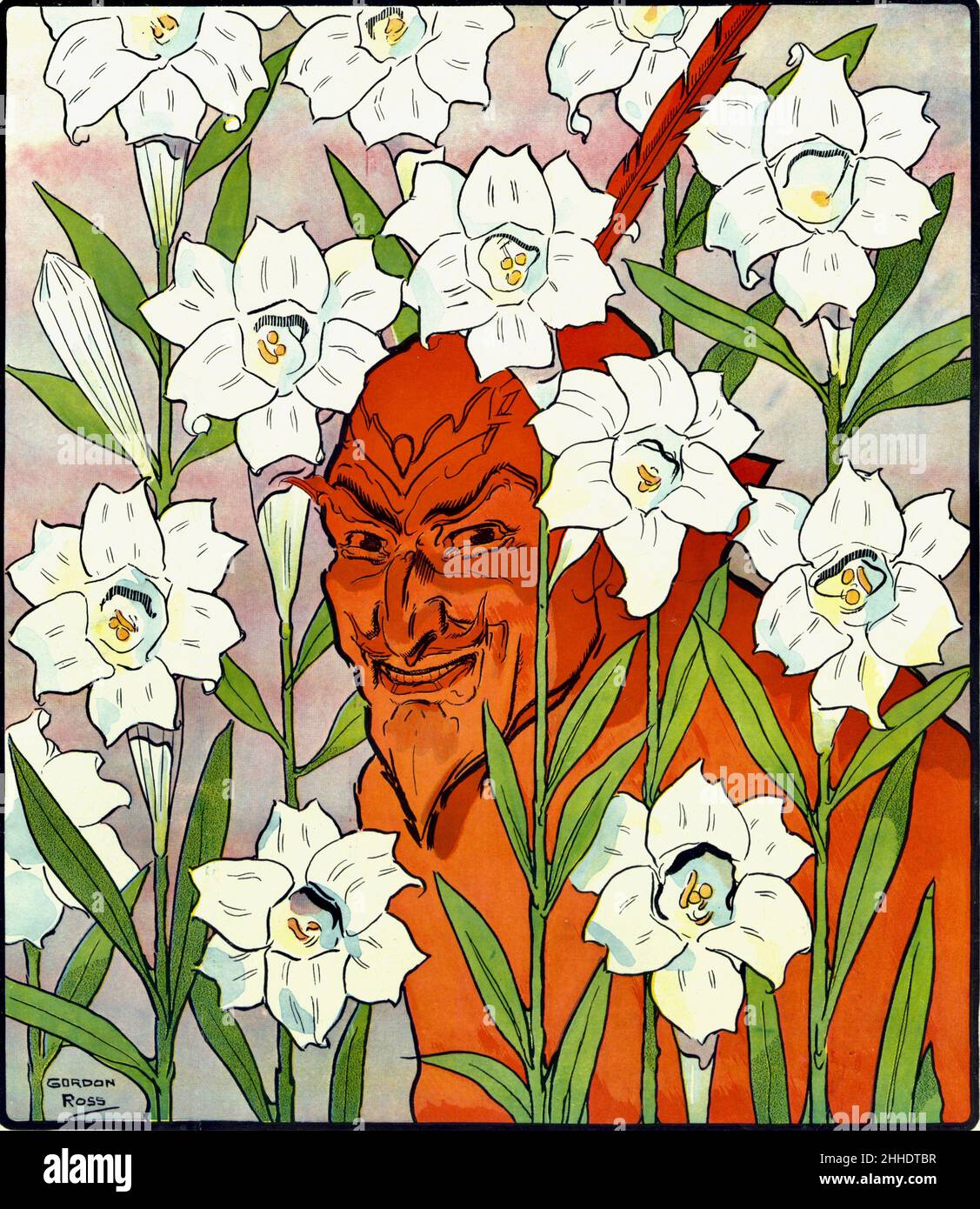 Gordon Ross - Easter Puck - Red Devil versteckt sich in einem Ostergarten aus weißen Lilien - 1910 Stockfoto