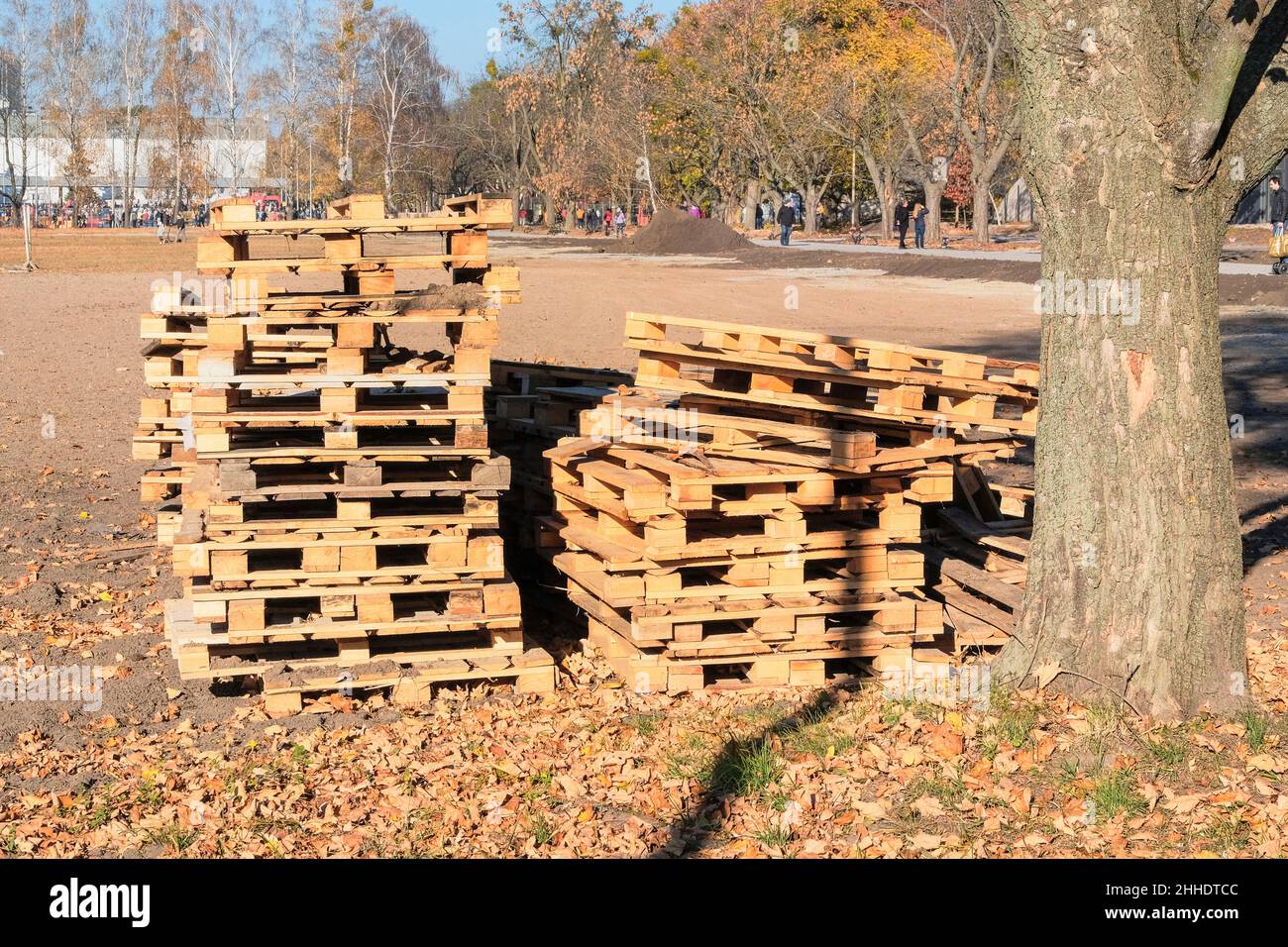 Stapel von groben Holzpaletten im Lager im Herbstpark an sonnigen Tagen. Palettenlagerung Fracht- und Versandkonzept. Stockfoto