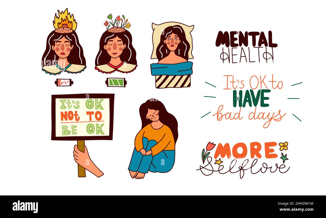 Psychische Gesundheit eingestellt. Depression, Burn-out, Schlaflosigkeit Stock Vektor