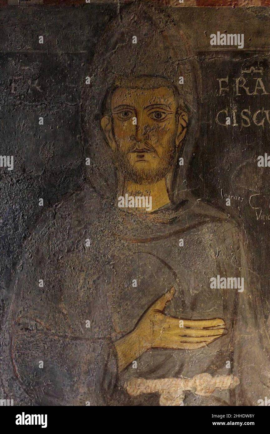 St. Francis. Sacro Speco in Subiaco. Fresko. 1224 oder 1228.. Stockfoto