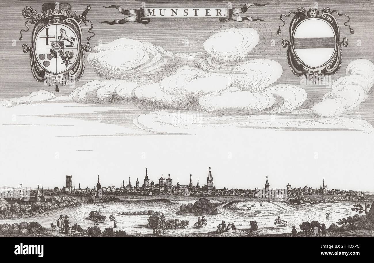 Panorama von Münster, Deutschland Mitte des 17th. Jahrhunderts. Nach einer Arbeit von Dancker Danckerts. Stockfoto Panorama von Münster, Deutschland Mitte des 17th. Jahrhunderts. Nach einer Arbeit von Dancker Danckerts. Stockfoto