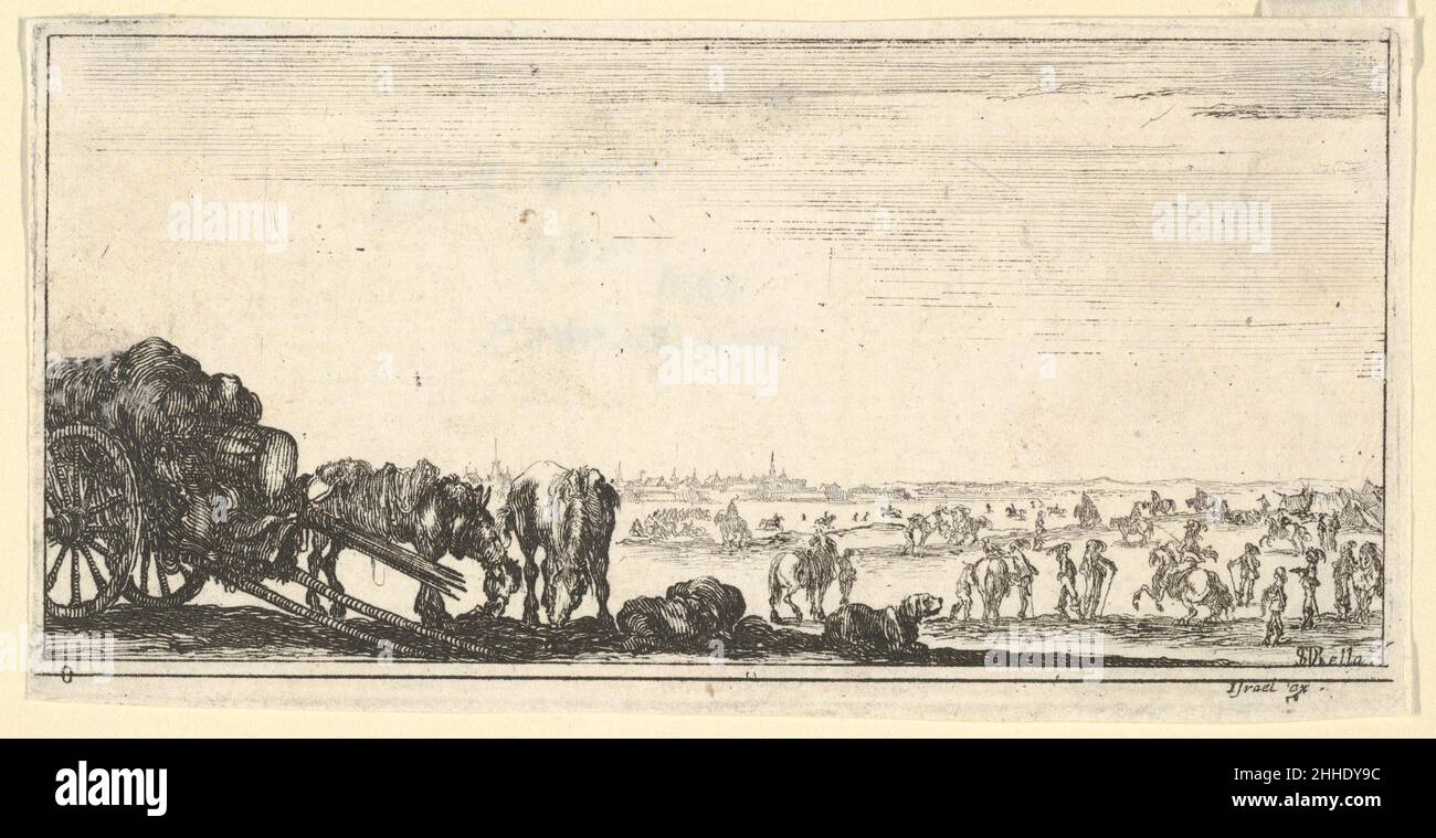 Tafel 8: Ein Wagen und zwei Pferde links, ein Hund in der Mitte, verschiedene Pferde und Soldaten im Hintergrund, von 'Truppen, Kanonen und Angriffen auf Städte' (Dessins de quelques conduites de troupes, Canons, et ataques de villes) ca. 1640 Stefano della Bella Italienisch. Tafel 8: Ein Wagen und zwei Pferde links, ein Hund in der Mitte, verschiedene Pferde und Soldaten im Hintergrund, von "Truppen, Kanonen und Angriffen auf Städte" (Dessins de quelques conduites de troupes, Canons, et ataques de villes). „Truppen, Kanonen und Angriffe auf Städte“ (Dessins de quelques conduites de troupes, canons, et ataques de villes Stockfoto