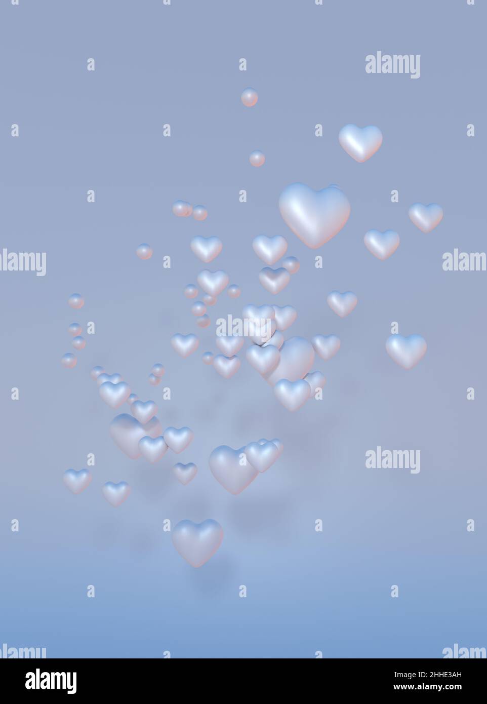 3D silberblaue fliegende Herzen auf pastellfarbenem minimalem Hintergrund. Romantisches Symbol der Liebe für Glückliche Frauen, Mutter, Valentinstag Grußkarte Design. Stockfoto