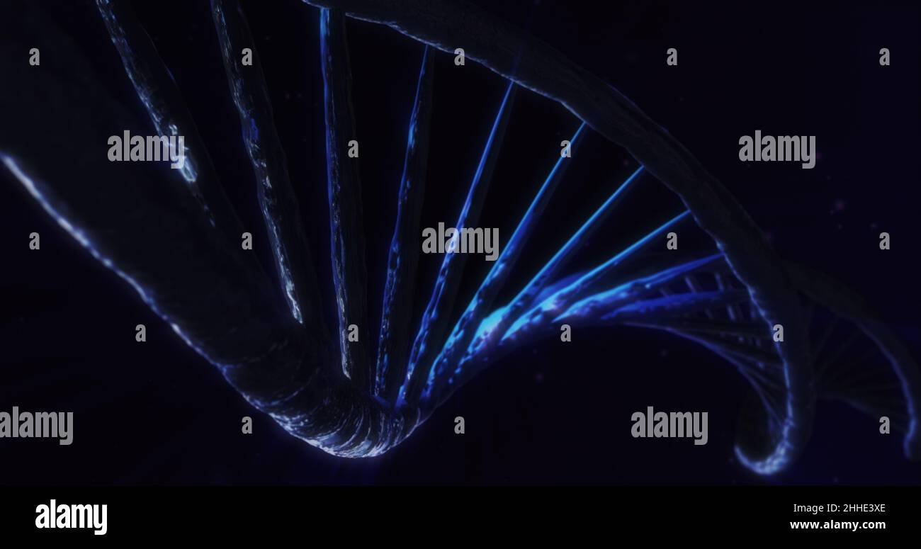 Doppelte Helix. Spiral DNA Struktur in blau. Abstrakter Hintergrund. 3D Abbildung. Medizinisches Forschungskonzept. Stockfoto