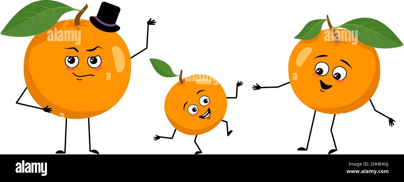 Familie von orangefarbenen Charakteren mit glücklichen Emotionen, lächelndes Gesicht, glückliche Augen, Arme und Beine. Mama ist glücklich, Papa trägt Hut und Kind tanzt. Vektorgrafik flach Stock Vektor
