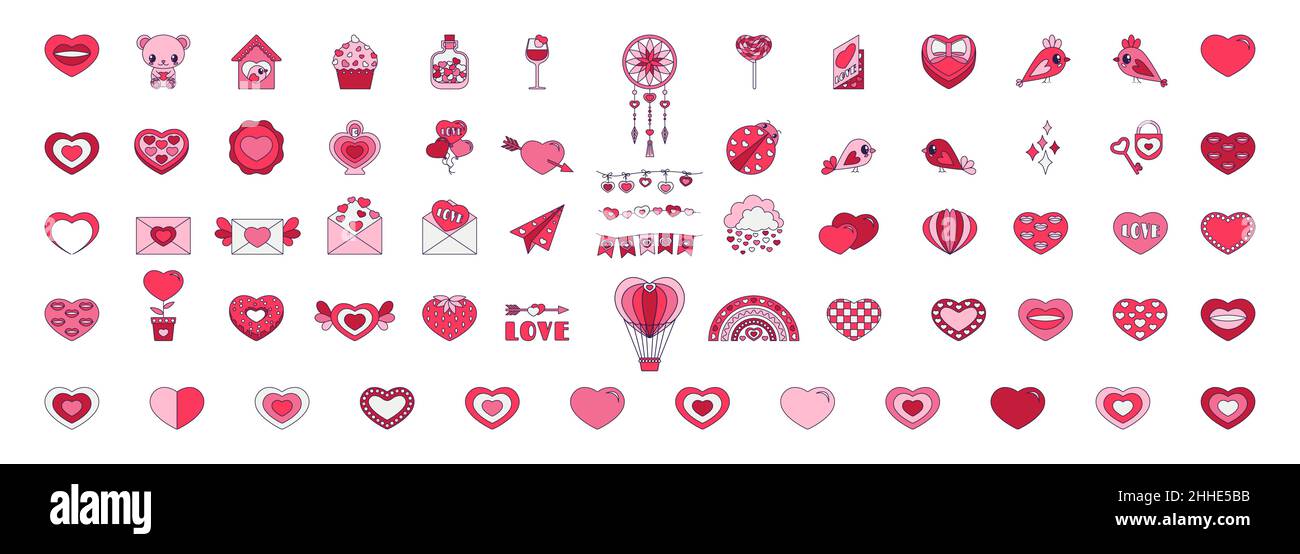 Retro Valentinstag Satz von Symbolen. Love-Symbole im modischen Pop-Line-Art-Stil. Die Figur aus Herz, Regenbogen, Schloss, Ballon in sanftem Rosa, Rot und Stock Vektor