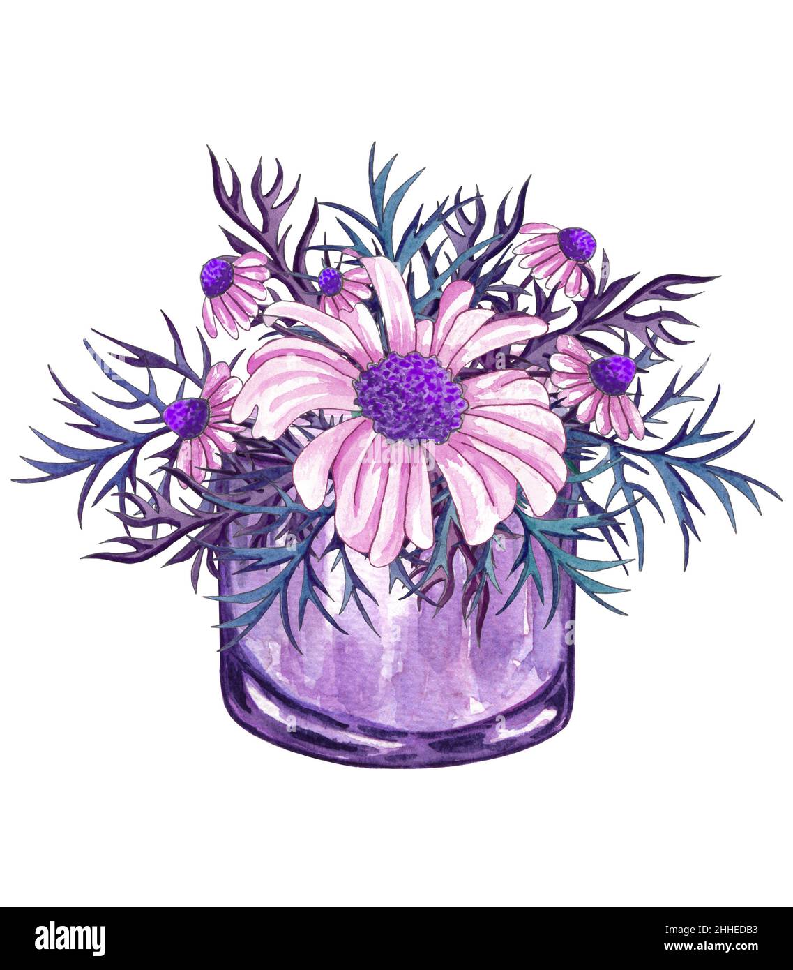 Aquarell-Glasvase mit Blumenstrauß innen, handgezeichnet isoliert auf weißem Hintergrund. Aquarell-Illustration von Glas mit Bouquet von Gänseblümchen Flo Stockfoto