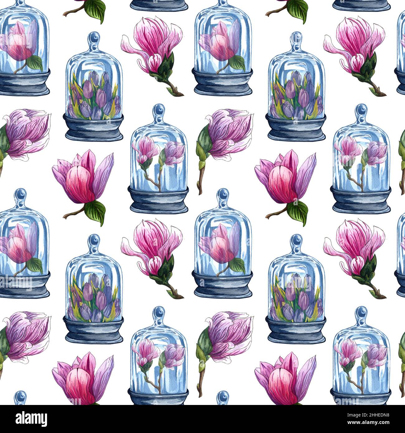 Nahtloses Muster aus Florarien, Aquarell-Glasflaschen mit Blumen im Inneren, handgezeichnet. Glas in Aquarell-Glas mit rosa Magnolienblüte. Stockfoto