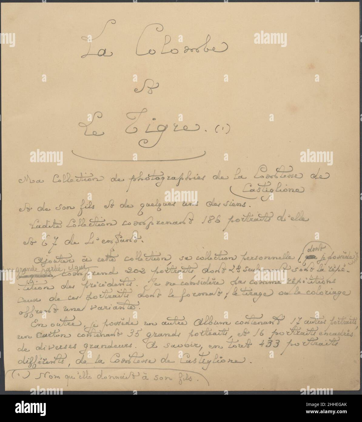 La Colombe und Le Tigre. MA Collection de photographies de la Comtesse de Castiglione 1860s Pierre-Louis Pierson Französisch. La Colombe und Le Tigre. MA Collection de photographies de la Comtesse de Castiglione 261267 Stockfoto