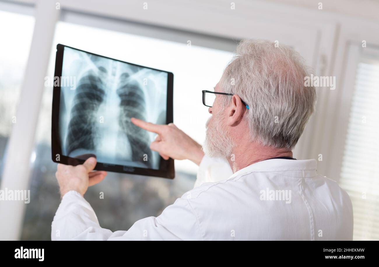 Arzt, der sich den Röntgenbericht ansieht Stockfoto