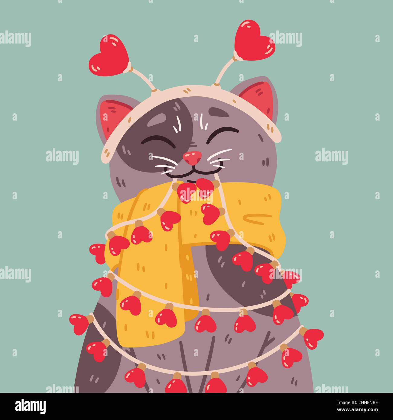 Katze mit Stirnband Herzen, warmer Schal, Glühbirnen Girlande. Valentinstag 14 Februar Grußkarte. Niedliche Vektorgrafik Stock Vektor