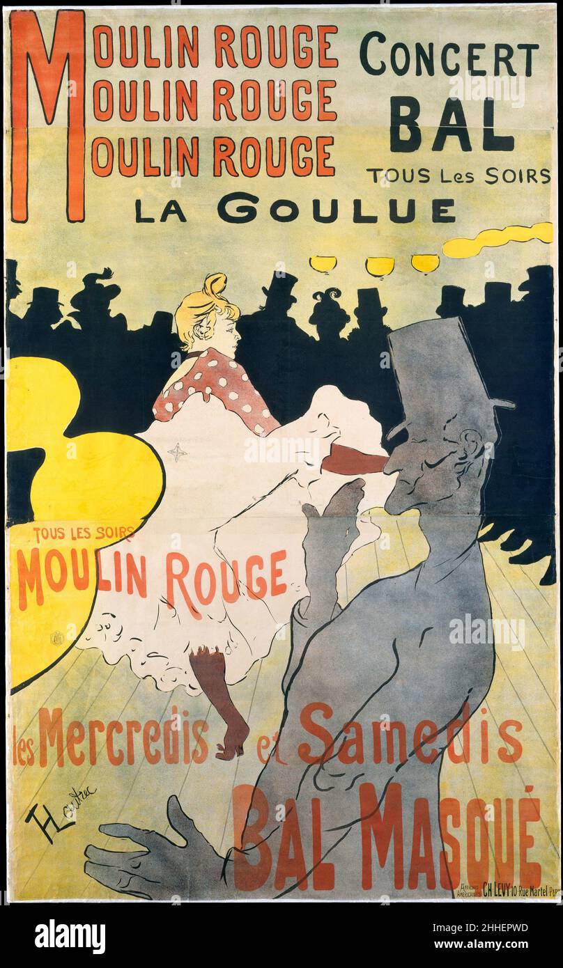 Moulin Rouge: La Goulue 1891 Henri de Toulouse-Lautrec Französisch als 1889 der brachliegende Tanzsaal und der Trinkgarten des Moulin Rouge auf dem Boulevard de Clichy eröffnet wurden, wurde eines von Lautrecs Gemälden in der Nähe des Eingangs ausgestellt. Er selbst wurde zu einem auffälligen Fixpunkt des Ortes und wurde beauftragt, die sechs Meter hohe Werbung zu erstellen, die seine Karriere als Postermacherin begann und ihn über Nacht berühmt machte. Er stellte die überfüllte Tanzfläche des Nachtclubs und seiner Hauptdarsteller, den „ohne Knochen“-akrobaten Valentin le Désossé und La Goulue, den „Glutton“, dessen Cancan-Röcke, ins Rampenlicht Stockfoto