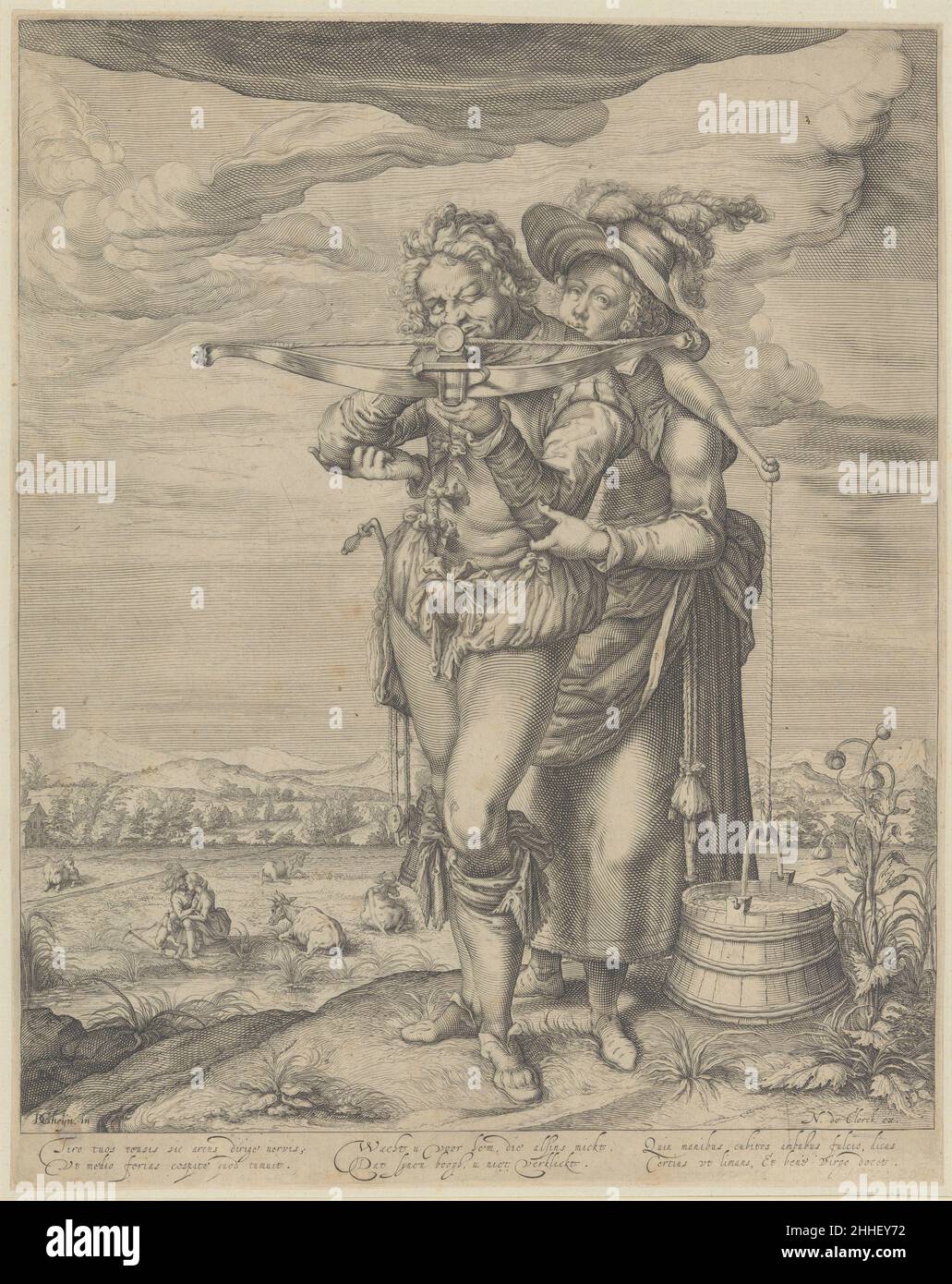 Der Bogenschütze und die Milchmaid Ca. 1610 nach Jacques de Gheyn II Niederlandisch behandelt der gut gezüchtete Künstler Jacques de Gheyn das Thema Milchmädchen mit mehr Umsicht, als es in den populären Drucken der Zeit zu finden ist. Ein Bogenschütze mit einem wulstigen Codpiece richtet seine Armbrust direkt auf den Betrachter, wie Amor uns zwischen die Augen schlägt. Der Bogenschütze und sein hilfsbereiter Begleiter (der seinen Hut trägt) tauchen im linken Hintergrund wieder als Liebhaber auf, wo ein Hengst (vermutlich) eine Stute anglößt. De Gheyn bezieht sich auf Slang-Ausdrücke wie „verzapfen“ (siehe 41,1.24) und „Ihren Bolzen anschlagen“. Die Inschriften waren probabl Stockfoto