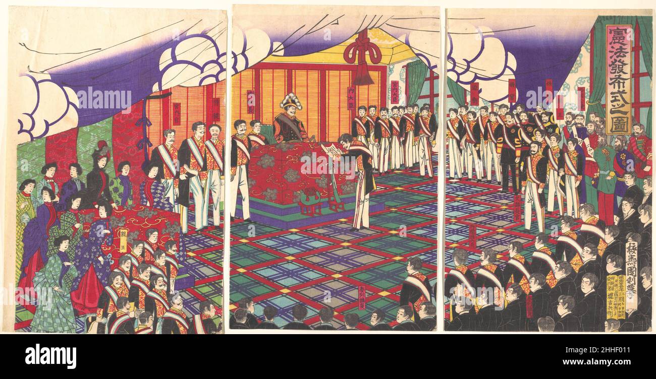 Ansicht der Ausgabe der Verfassung März 1889 Baiju Kunitoshi Japanisch. Ansicht der Ausgabe der Verfassung 55550 Stockfoto