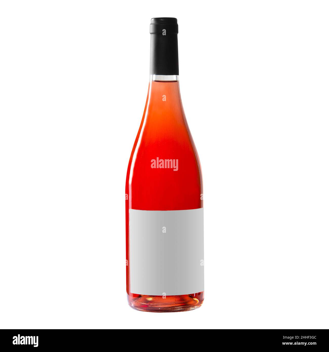 Roséwein-Flasche mit leerem Etikett isoliert auf weißem Hintergrund. Stockfoto