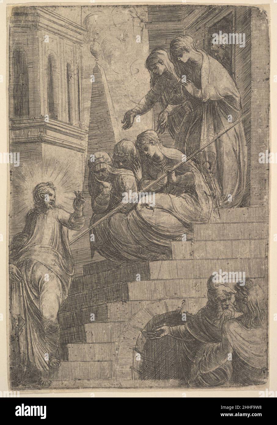 Christus spricht eine Gruppe von Frauen sitzen und stehen auf Stufen Ca. 1541–44 Andrea Schiavone (Andrea Meldola) Italienisch. Christus spricht eine Gruppe von Frauen an, die auf der Treppe 389447 sitzen und stehen Stockfoto