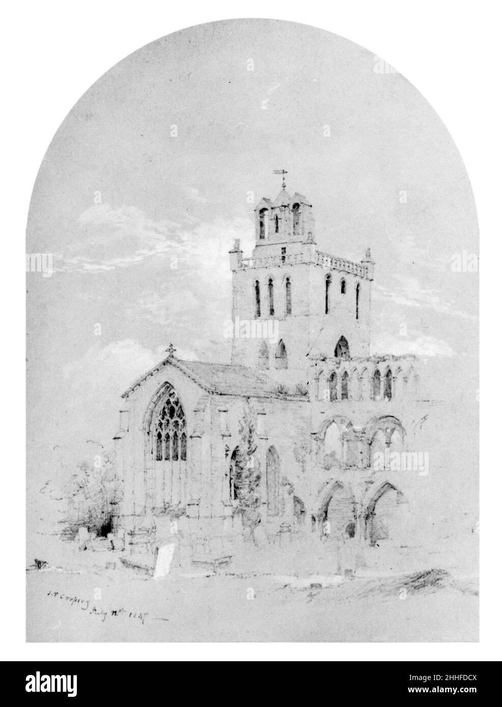 Jedburgh Abbey (from Cropsey Album) 1847 Jasper Francis Cropsey Amerikaner. Jedburgh Abbey (aus Cropsey Album). Jasper Francis Cropsey (Amerikaner, Rossville, New York 1823–1900 Hastings-on-Hudson, New York). Amerikanisch. 1847. Graphit und weiße Gouache auf blauem Wove-Papier, montiert auf cremeweißem Wove-Papier Stockfoto