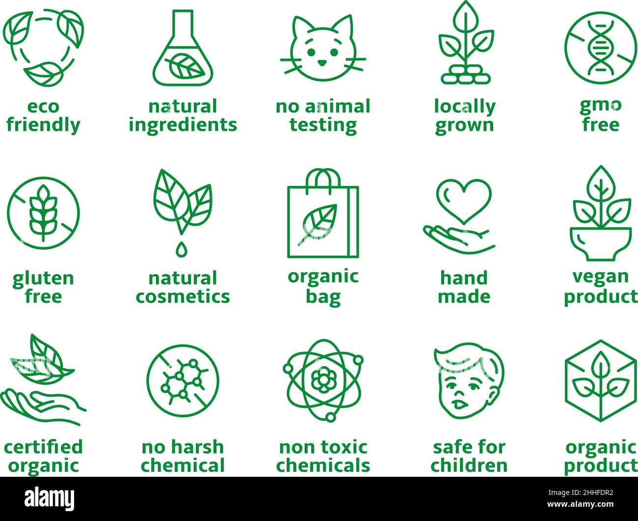 Eco Line-Abzeichen. Keine Chemikalien, Make-up oder Hautpflege Bio vegane Symbole. Naturkosmetikprodukte Marken. Hypoallergen, keine Paraben, ordentliche Vektoretiketten Stock Vektor