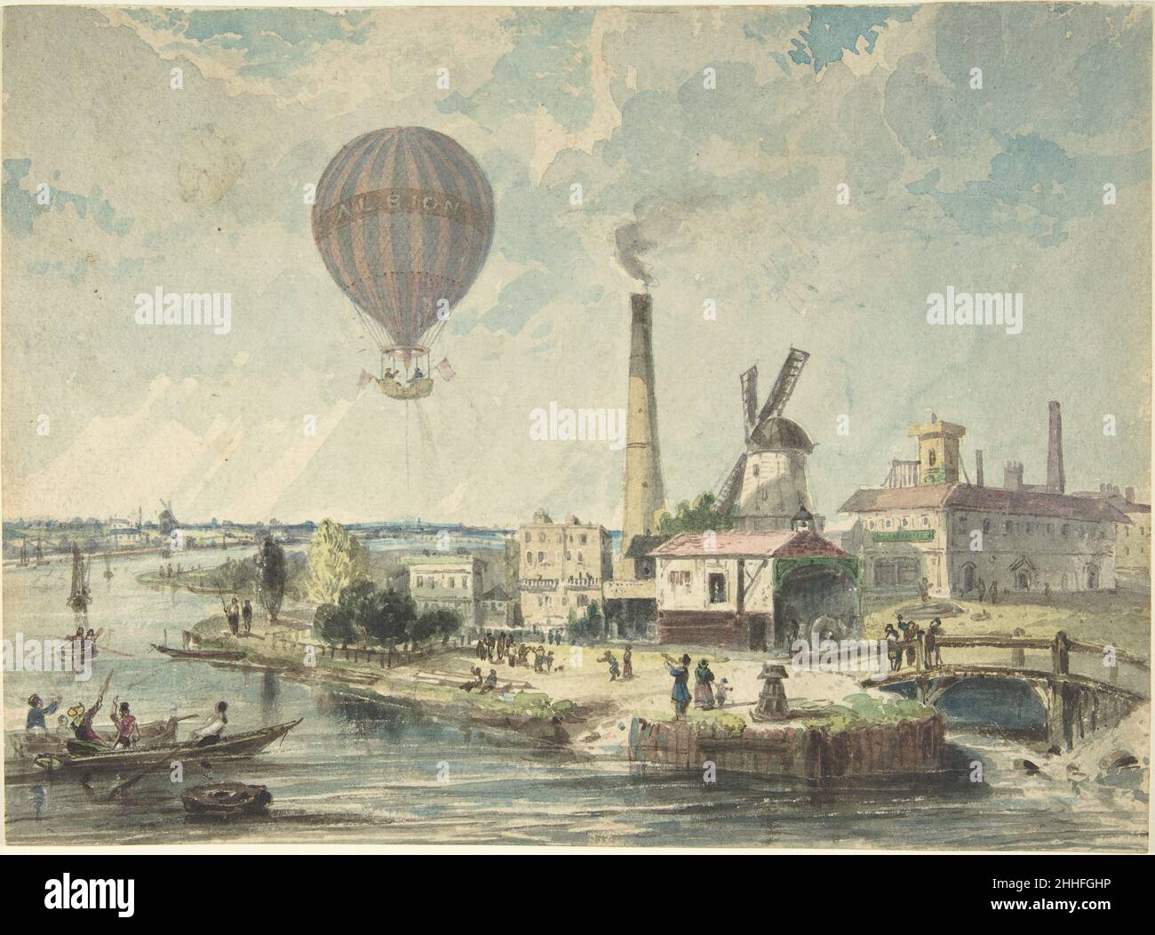 Mr. Green im Albion Balloon, nachdem er aus den Vauxhall Gardens aufgestiegen ist, August 12,1842 ca. 1842 Anonymous, British, 19th Century British Diese Zeichnung zeigt einen Ballonflug von Charles Green, einem der großen frühen Astronauten Englands. Sein berühmtester Flug hatte sechs Jahre zuvor, am 7. November 1836, stattgefunden und eine Rekordstrecke von London nach Nassau in Deutschland zurückgelegt. Hier ist der von Green pilotierte „Albion“ von den Vauxhall Gardens südlich der Themse abgehoben. Kapitän Currie begleitete Green auf diesem Flug, der sie nach Westen nach Dorest brachte. Mr. Green im Albion Balloon, hav Stockfoto