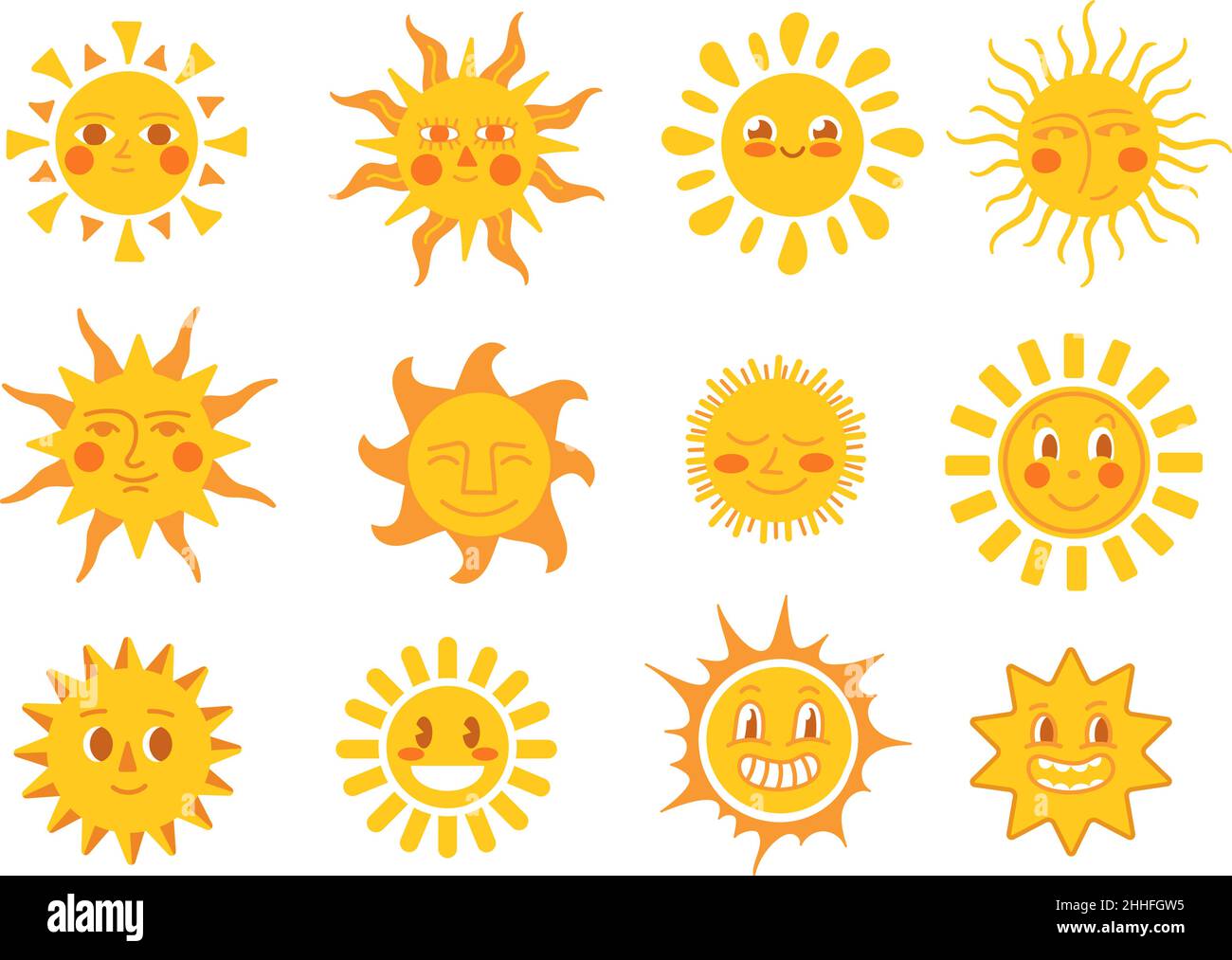 Gelbe Sonnenzeichen. Lächeln Sie die Sonne, Sommerwetter-Emoticon. Niedliche Comic-Gesichter, glückliche sonnige Urlaub Symbole. Sonnenschein, Kritzeln saisonal ordentlich Stock Vektor