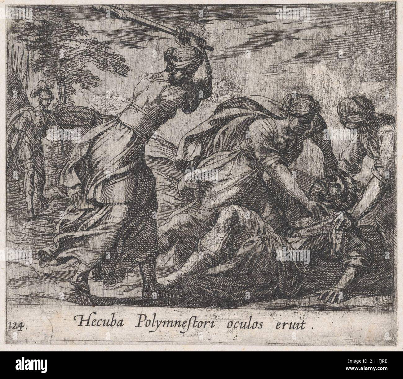 Tafel 124: Hecuba und die trojanischen Frauen ermorden Polymestor (Hecuba Polymnestori oculos ervit), aus Ovids 'Metamorphosen' 1606 Antonio Tempesta Italienisch. Tafel 124: Hecuba und die trojanischen Frauen, die Polymestor (Hecuba Polymnestori oculos ervit) ermorden, aus Ovids 'Metamorphosen'. Antonio Tempesta (Italienisch, Florenz 1555–1630 Rom). 1606. Radierung. Ausdrucke Stockfoto