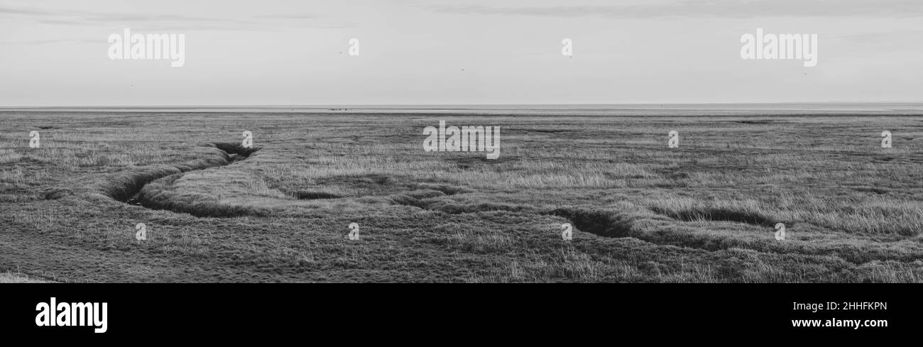 Schwarz-Weiß-Panorama der trostlosen Abgeschiedenheit, aber ruhigen Gelassenheit von The Wash, Englands größtem einzigen Naturschutzgebiet. Von Freiston Shore. Stockfoto