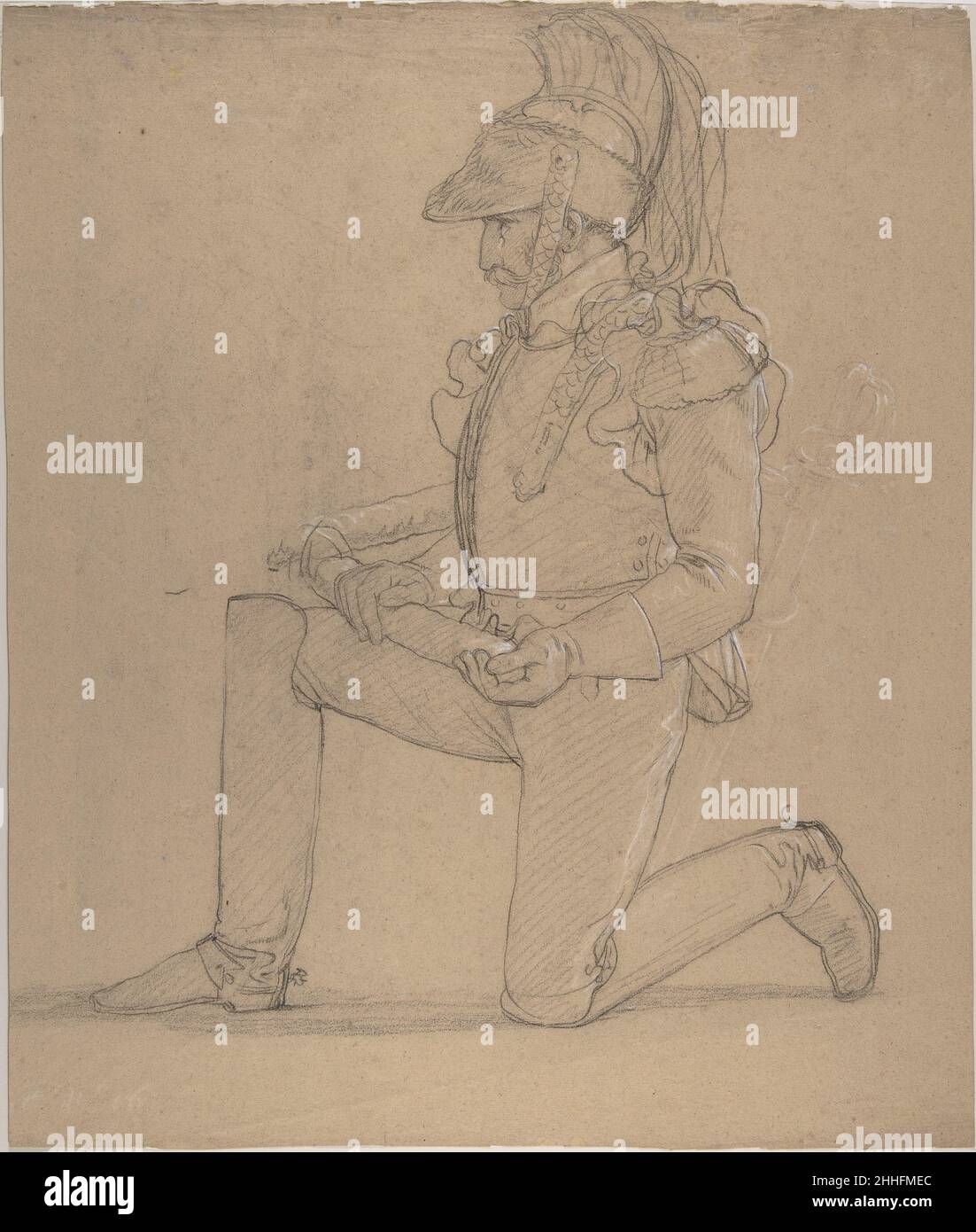 Knieling Cuirassier ca. 1810 Pierre Narcisse Guérin Französisch Diese Studie bezieht sich auf einen der wichtigsten napoleonischen Kommissionen Guérins, den Tod des Maréchal Lannes, duc de Montebello (Musée des Beaux-Arts, Valenciennes). Nachdem der maréchal in der Schlacht von Essling am 19. Mai 1809 tödlich verwundet wurde, beauftragte die französische Regierung Guérin mit der Erstellung eines großen Gemäldes zur Erinnerung an das Ereignis. Die Leinwand, die im Salon von 1810 ausgestellt werden sollte, blieb nach dem Fall des Imperium 1814 unvollendet und befand sich nach seinem Tod noch in Guérins Atelier. Für diese ehrgeizige Komposition zeigt L Stockfoto