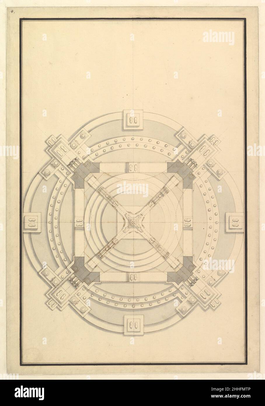 Grundplan für eine Katafalque für eine Kurfürstin von Bayern 1696–1756 Workshop von Giuseppe Galli Bibiena Italienisch. Grundplan für eine Katafalque für eine Kurfürstin von Bayern 344336 Stockfoto