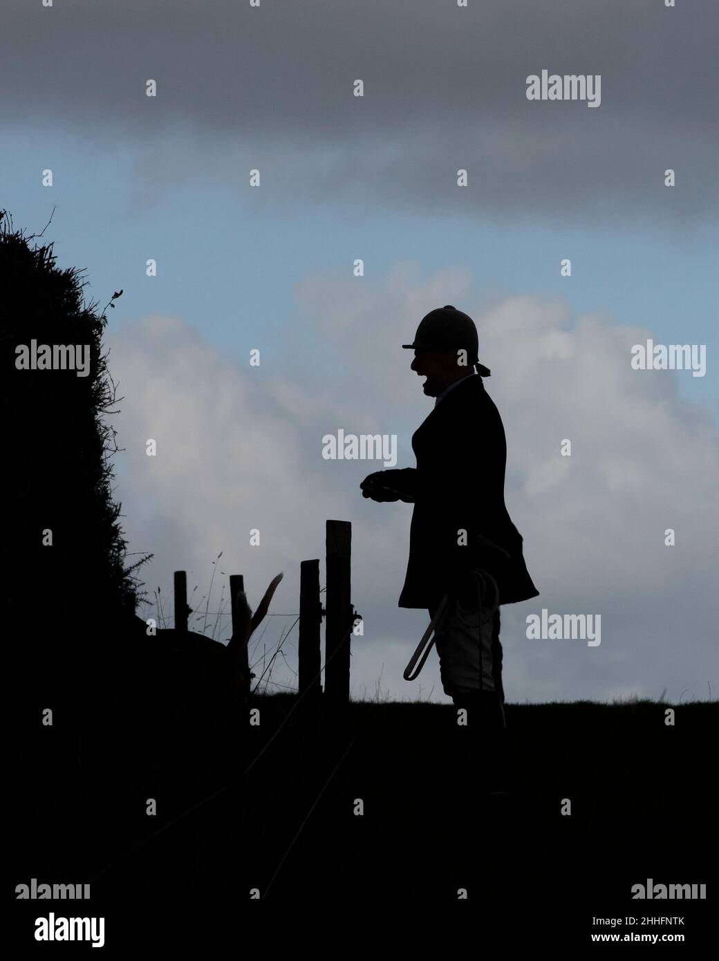 Silhouette eines Jägers, der am Ende eines Tages auf der Wanderjagd in Großbritannien steht Stockfoto