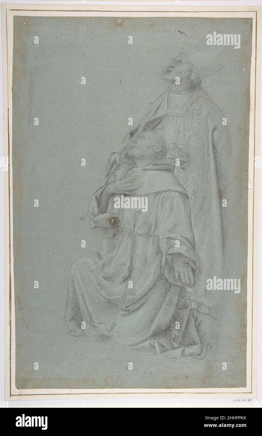 Knien des heiligen Franziskus und des heiligen Nikolaus von Bari 1498–1554 nach Moretto da Brescia (Alessandro Bonvicino) Italienisch. Knieung des heiligen Franziskus und des heiligen Nikolaus von Bari 340814 Stockfoto