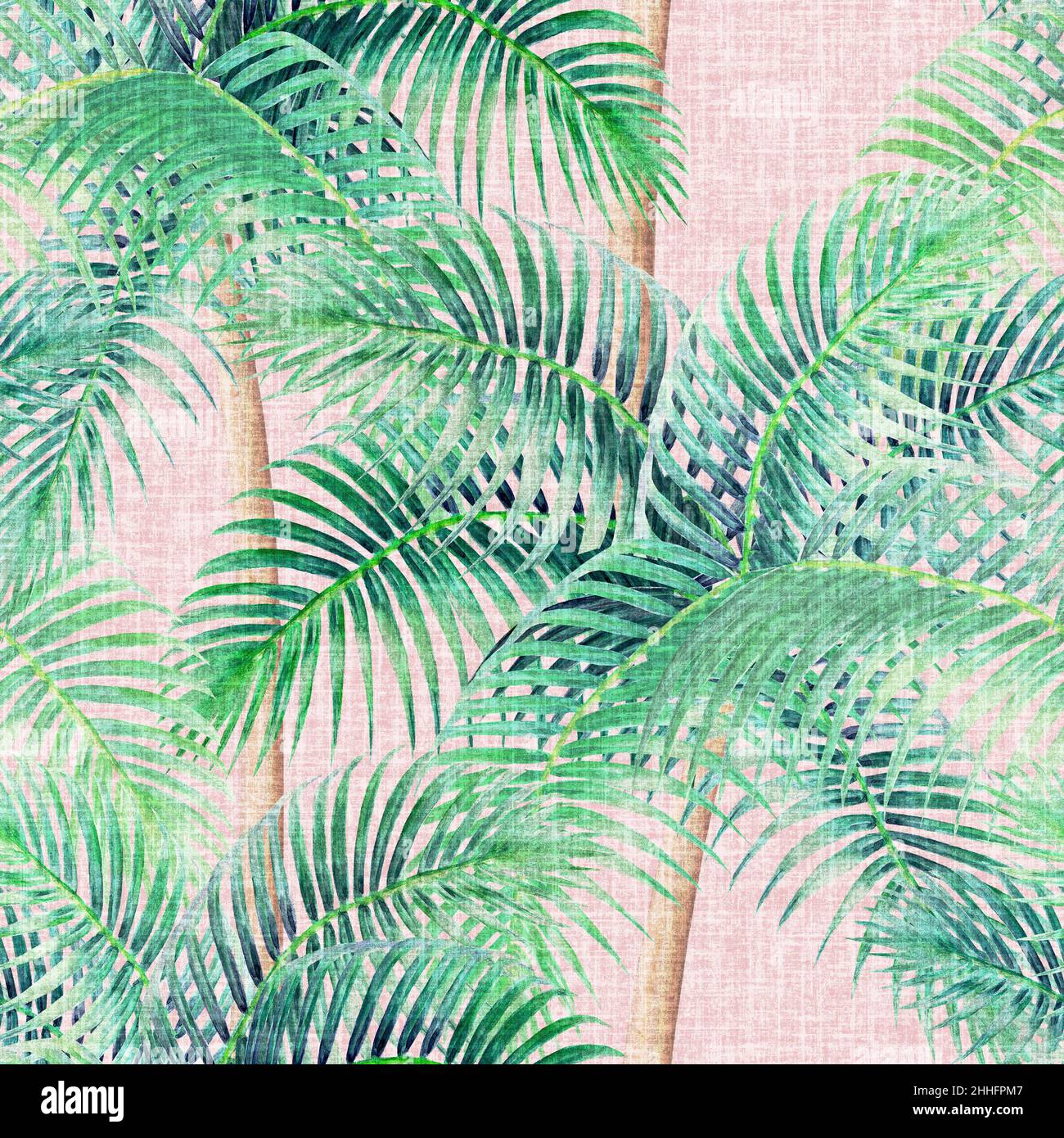 Aquarell Hintergrund mit tropischen Palmen nahtlose Muster. Aquarell handgezeichnete Palmen im Vintage-Stil auf Leinenhintergrund. Drucken für Stockfoto