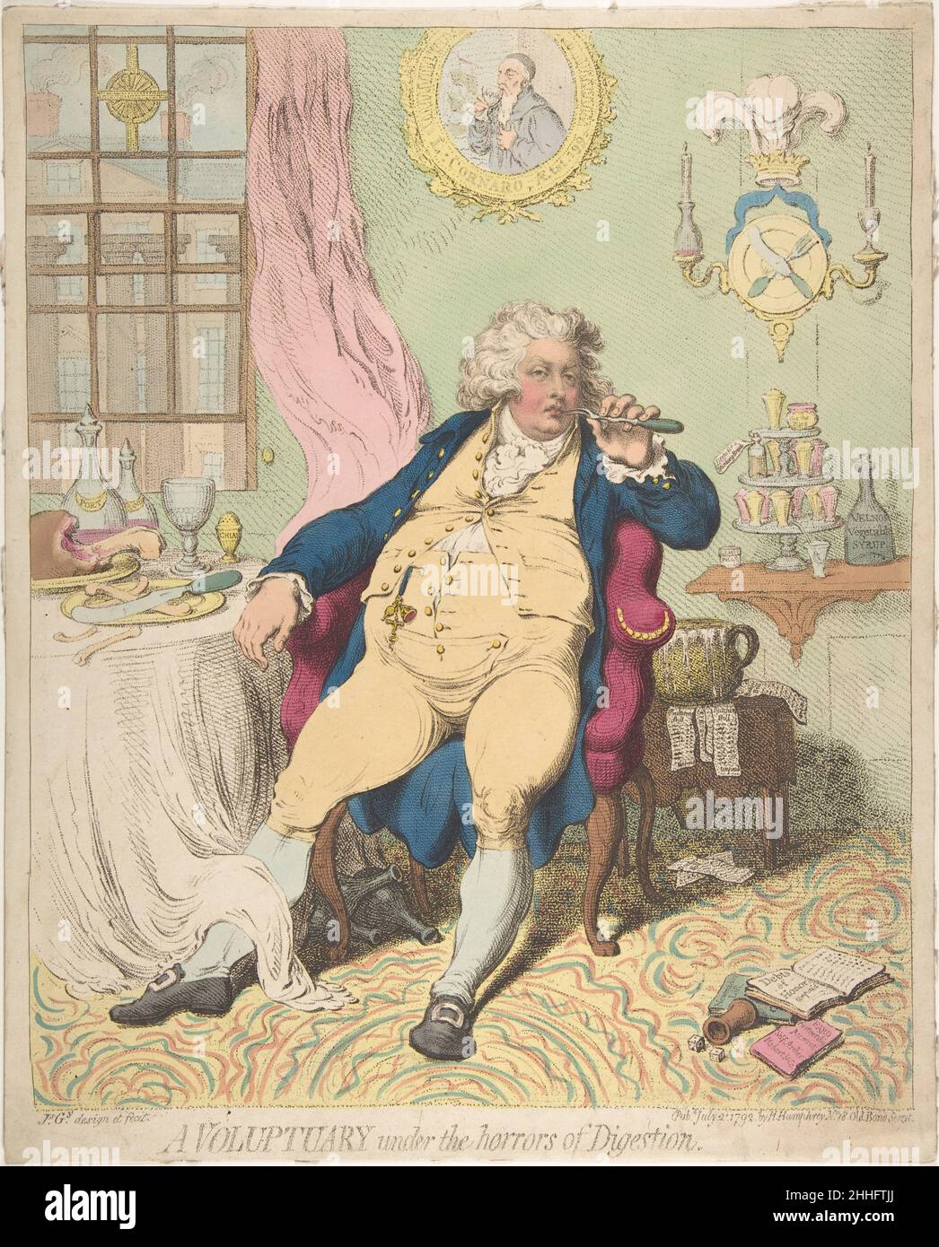 Ein Voluptuary unter den Schrecken der Verdauung 2. Juli 1792 James Gillray die berühmt-berüchtigte brutale Karikatur von George, Prince of Wales, fasst die Auswirkungen unkontrollierter Selbstnachgiebigkeit auf den Thronfolger der Briten zusammen. Nach einem ausgiebigen Mahl in seinem Stuhl ausgestreckt, pflückt der Prinz mit einer Fleischgabel seine Zähne; seine mangelnde Heiterei wird durch den überfließenden Kammertopf an seinem Ellbogen unterstrichen, der zur Verankerung unbezahlter Rechnungen verwendet wurde. Seine angesammelten Krankheiten, die erst dreißig Jahre alt sind, lassen sich aus rechts angehäuften Heilmitteln ableiten – Pillen und Tränke zur Behandlung von „streichelndem Atem“, „Haufen“ (Hämorrhoiden), Stockfoto
