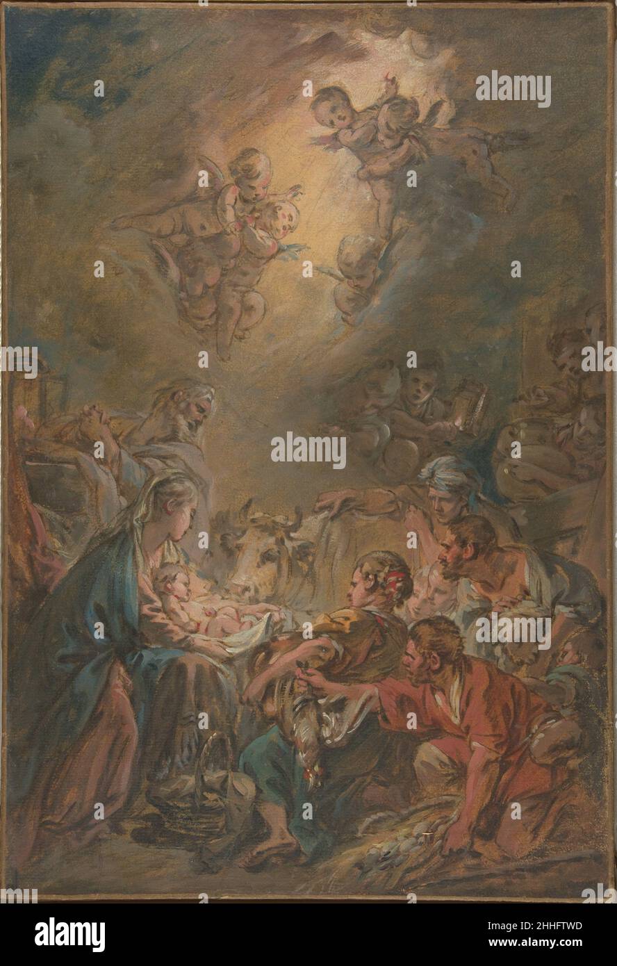 Die Anbetung der Hirten François Boucher Französisch Boucher, bekannt für anmutige Mythologien und charmante Szenen rustikalen Genres, produzierte relativ wenige religiöse Gemälde für einen Geschichtsmaler seiner Stellung. Die, die er machte, waren in der Regel von einem intimen Ausmaß, das für private Hingabe bestimmt war. Diese kleinen Gemälde sind die Quintessenz des Rokoko-Idioms, typisch für lithoe, elegante Figuren, einen üppigen Umgang mit dem Medium und eine Vorliebe für Kompositionen, die auf dem Arabesken basieren. Hier, im rustikalen Thema der Anbetung der Hirten, flämische Malerei und die Ölskizzen o Stockfoto