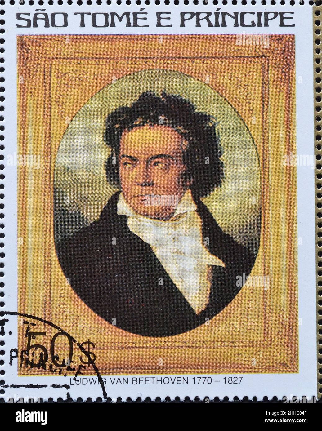 Abgesagte Briefmarke gedruckt von Sao Tome und Principe, die Ludwig van Beethoven zeigt, 150th. Todestag von Ludwig van Beethoven, um 1 Stockfoto