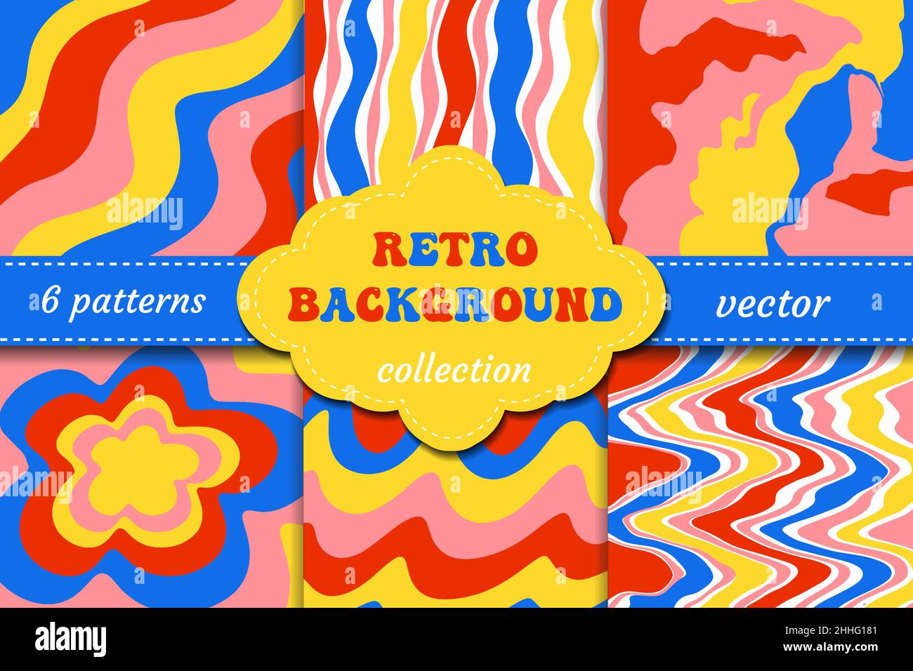 Set von trendigen Retro 1970s Stil abstrakte Poster Hintergrund. Trippiges und verzerrtes Bild, psychedelischer Hippie-Stil. Vektorgrafik. Stock Vektor