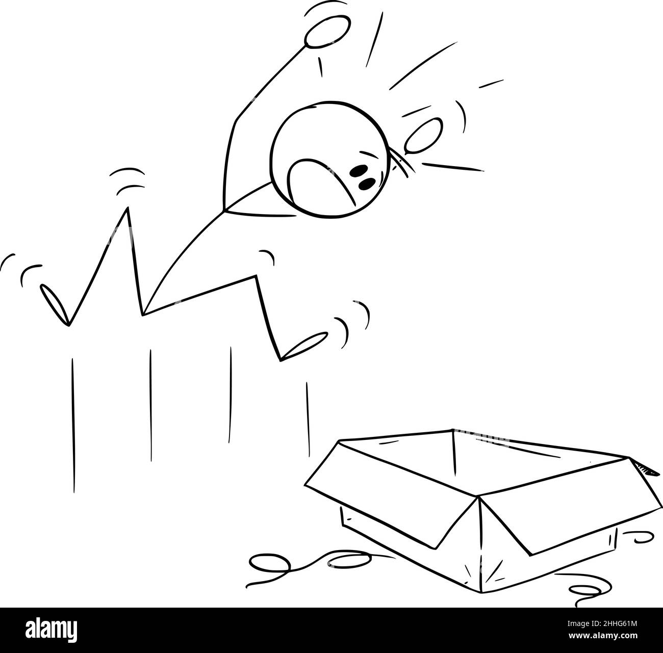 Person schockiert durch Geschenk, Paket oder Finden in Box, Vektor Cartoon Stick Figur Illustration Stock Vektor