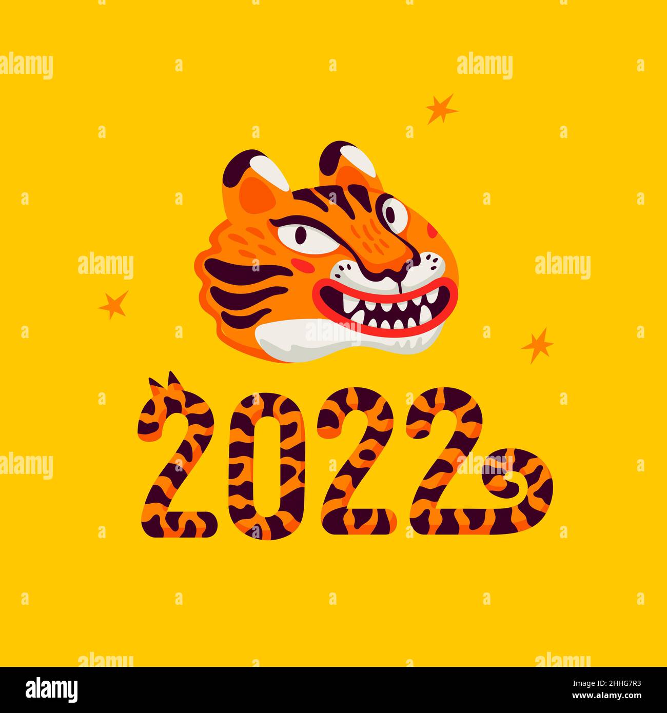 Tiger Neujahrskarte, glückliche 2022 Neujahrskarte mit Tigern Gesicht das Symbol des chinesischen neuen Jahres. Vektorgrafik im organischen flachen Stil. Stock Vektor